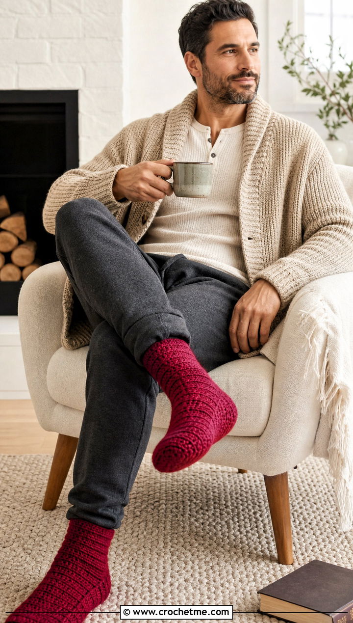 Slipper Crochet Socks With Henley And Lounge Pants - 25 men's crochet socks outfit ideas