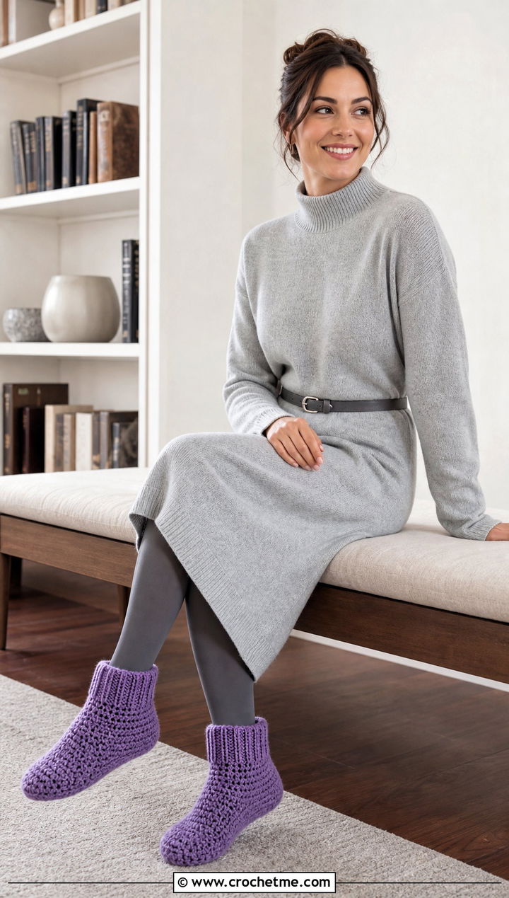 Slipper Sock Crochet Slippers With Sweater Dress - 25 Easy Crochet Slippers For Beginners outfit ideas