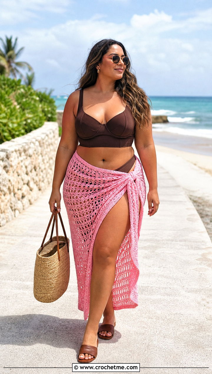 Slit Crochet Beach Sarong With Longline Bikini Top - 25 crochet beach sarong outfit ideas