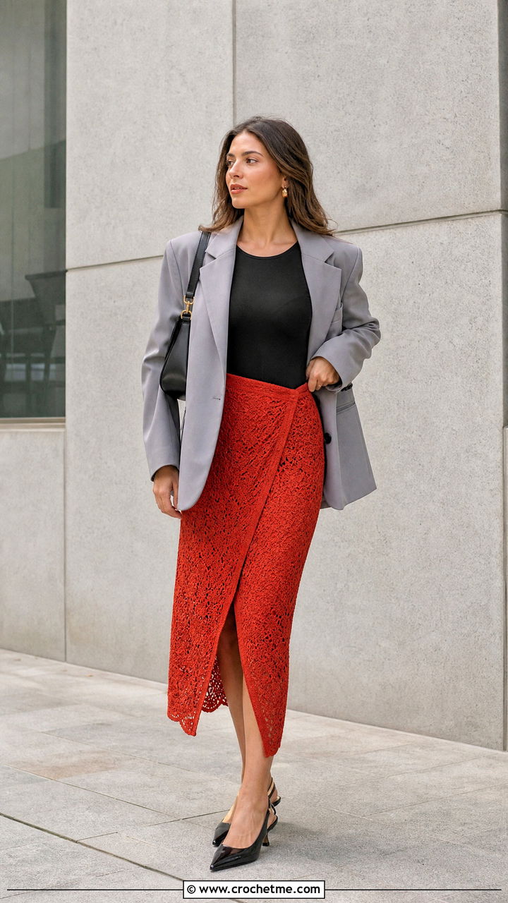 Slit Crochet Midi Wrap Skirt With Oversized Blazer - 35 crochet wrap skirt outfit ideas