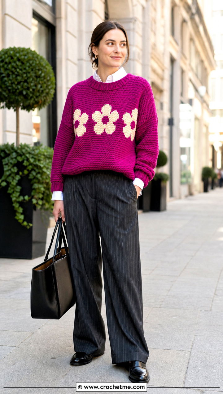 Slogan Tapestry Crochet Jumper With Pinstripe Pants - 30 Tapestry Crochet Jumper outfit ideas
