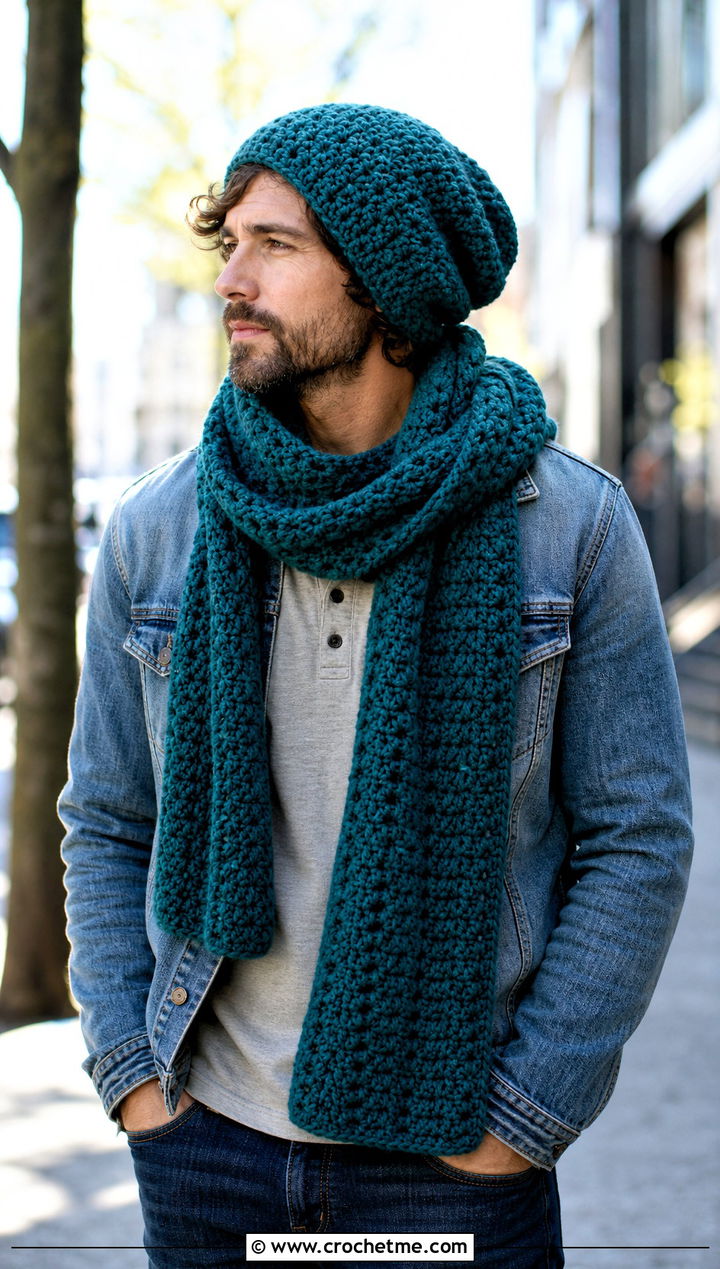 Slouch Crochet Beanie And Oversized Scarf With Double Denim - 20 Crochet Mens Hat And Scarf outfit ideas