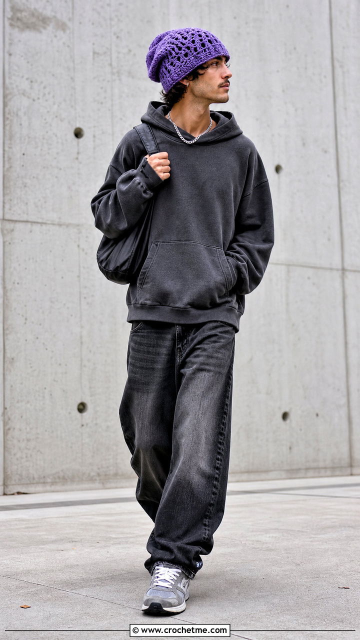Slouch Crochet Beanie With Oversized Hoodie - 35 crochet cap for men outfit ideas