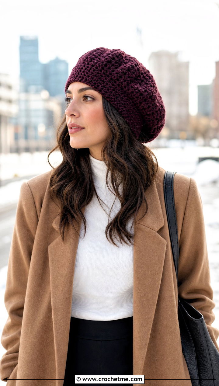Slouch Crochet Beret With Oversized Blazer And Leggings - 20 flat crochet hat outfit ideas