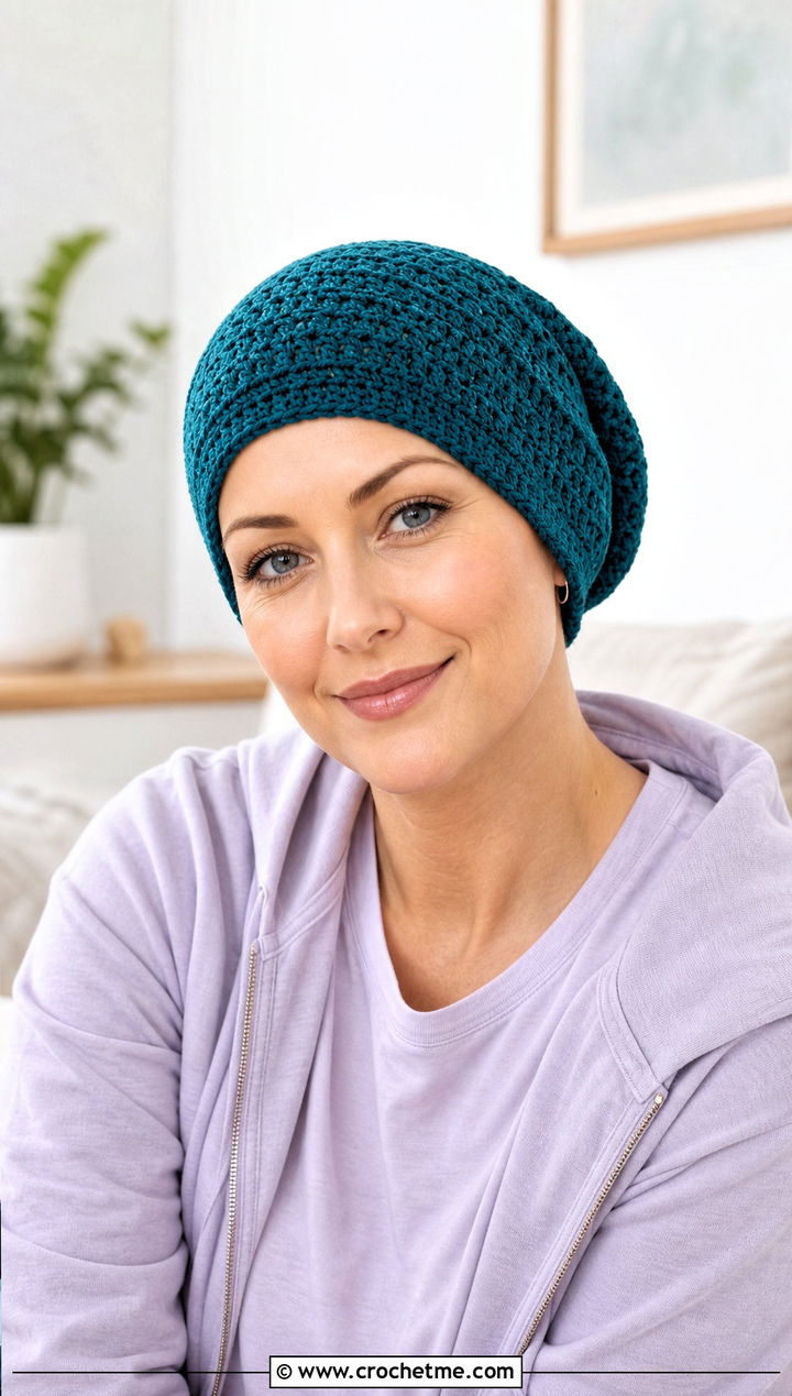Slouch Crochet Chemo Cap With Matching Lounge Set - 20 Crochet Summer Chemo Caps outfit ideas