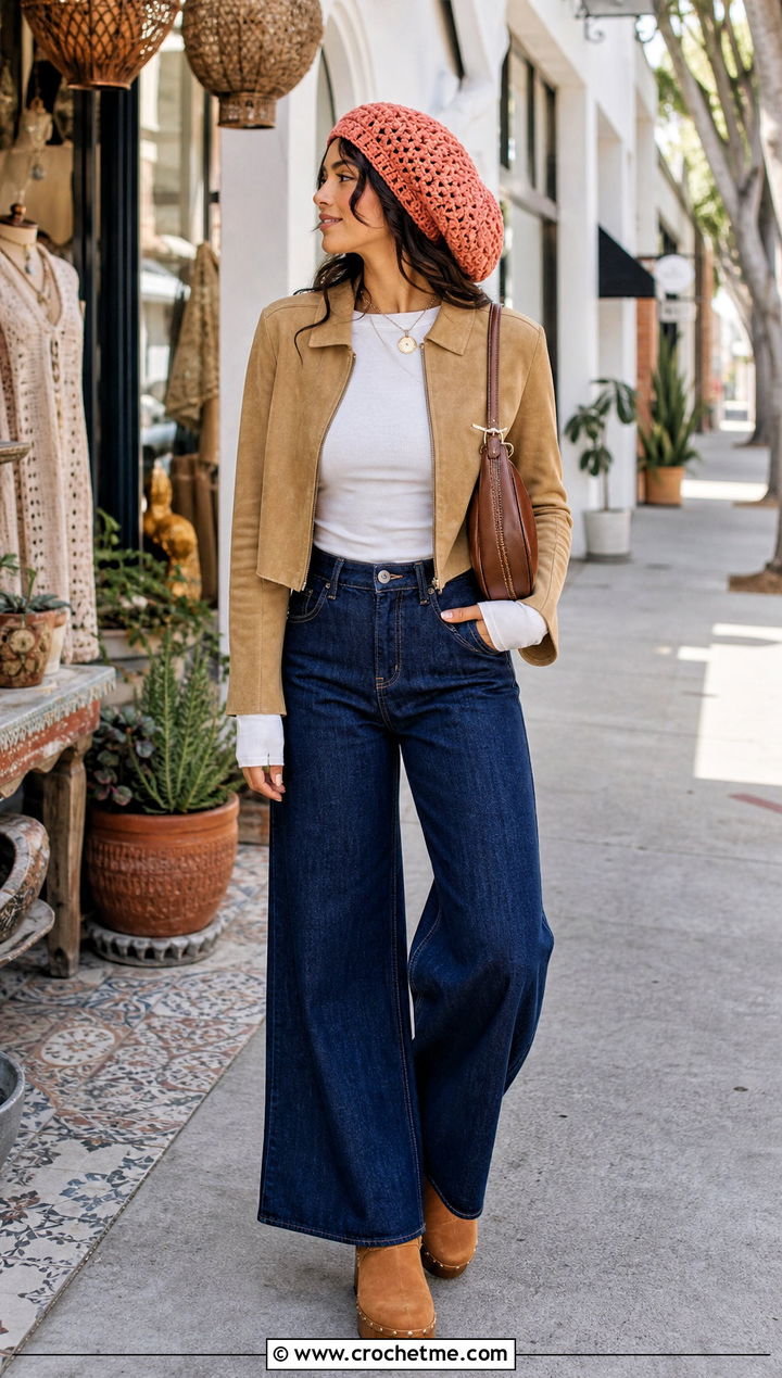 Slouch Crochet Tam With Wide Leg Jeans - 35 cute crochet hat ideas