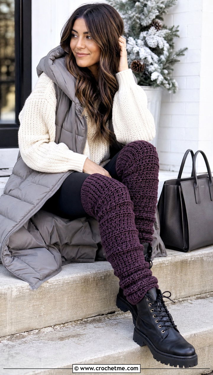 Slouch Thigh High Crochet Socks With Sweater And Leggings - 35 thigh high crochet socks outfit ideas