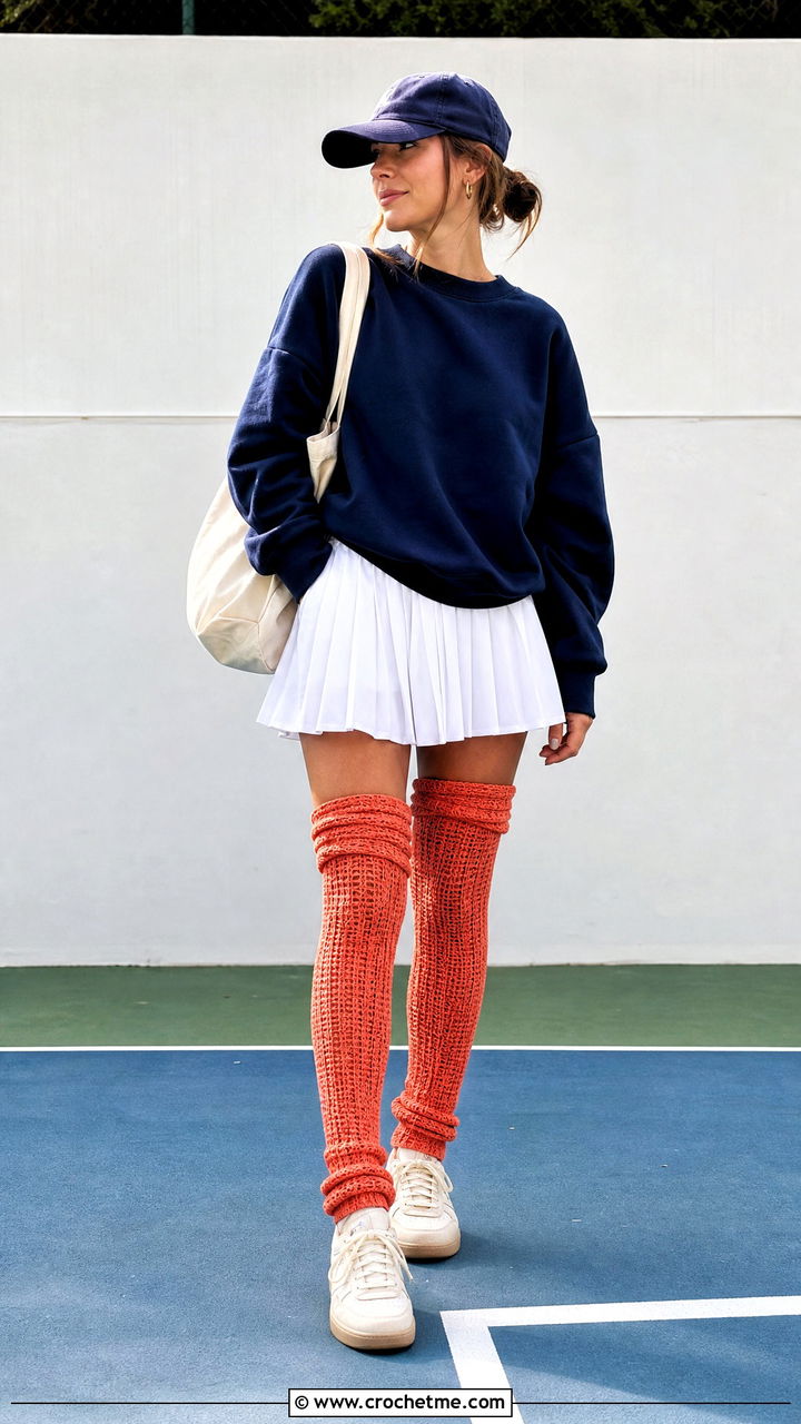 Slouch Top Crochet Thigh High Socks With Sweatshirt And Tennis Skirt - 35 crochet thigh high socks outfit ideas