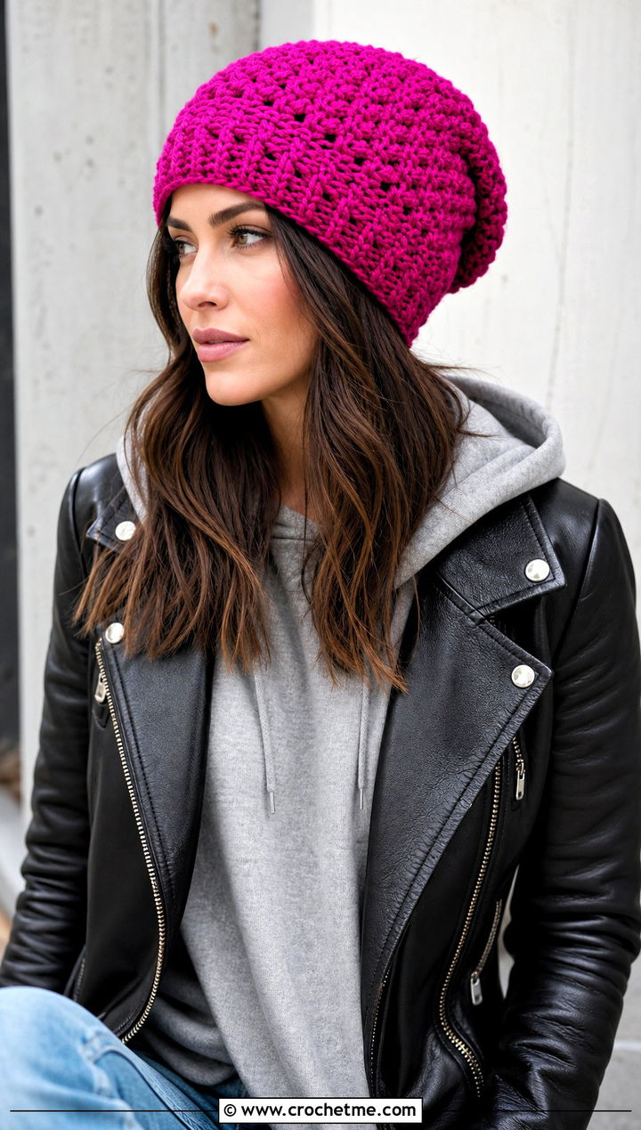 Slouchy Alpine Stitch Beanie With Leather Jacket - 15 Alpine Stitch Crochet Hat outfit ideas