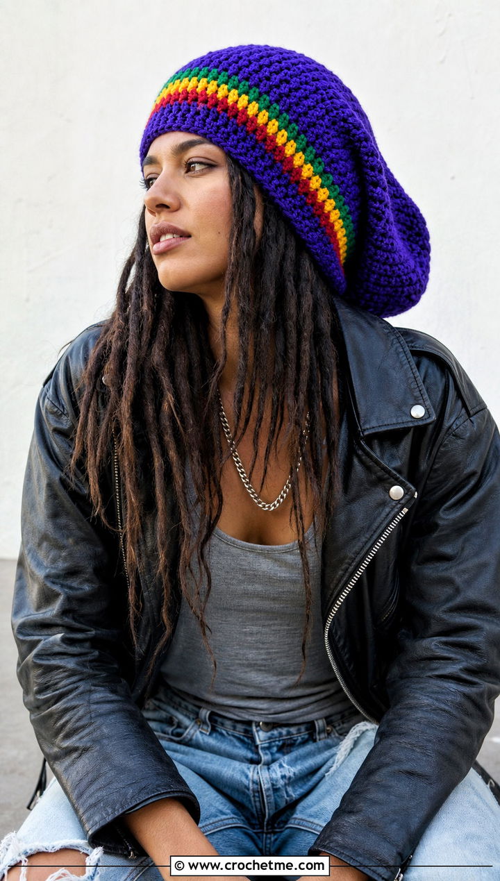 Slouchy Baggy Rasta Beanie With Leather Jacket - 25 crochet rasta beanie outfit ideas
