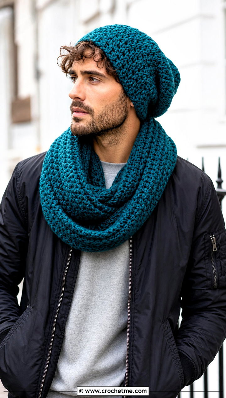 Slouchy Beanie And Infinity Scarf With Bomber Jacket - 15 Mens Crochet Hat And Scarf outfit ideas