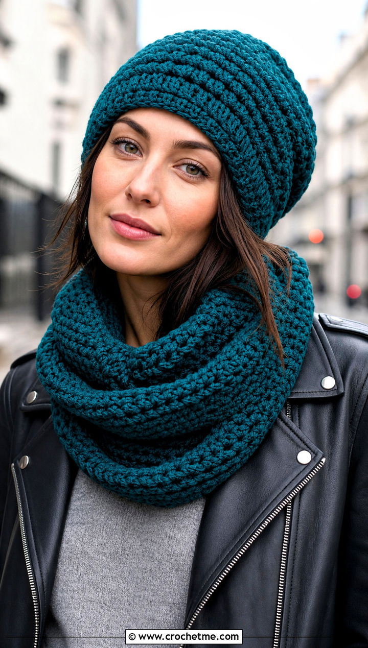 Slouchy Beanie And Infinity Scarf With Leather Jacket - 30 crochet hat and scarf outfit ideas