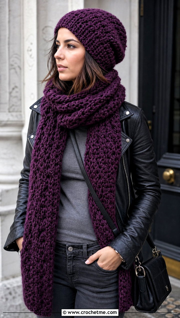 Slouchy Beanie And Oversized Scarf Set With Leather Jacket - 25 Crochet Scarf And Hat Set outfit ideas