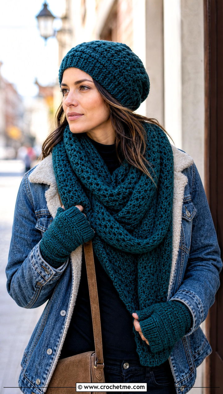 Slouchy Beanie Blanket Scarf And Gloves With Denim Jacket - 25 crochet hat scarf gloves set outfit ideas