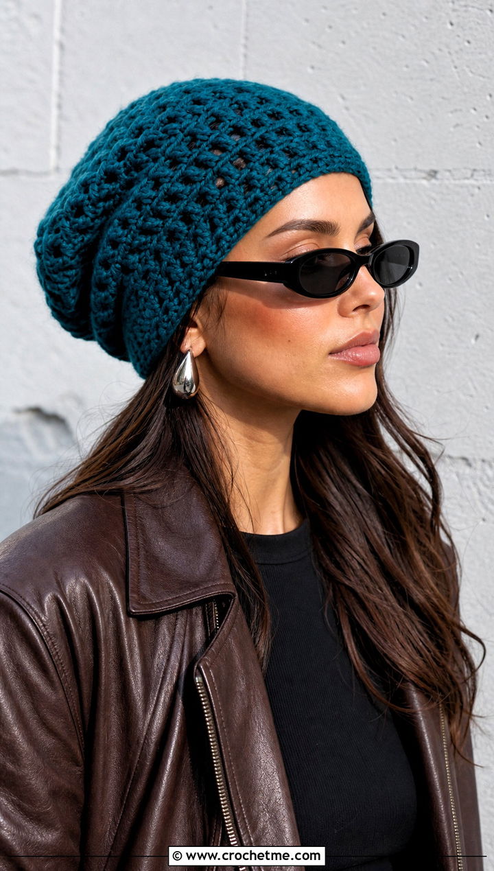 Slouchy Beanie With Leather Jacket - 25 one skein crochet hat outfit ideas