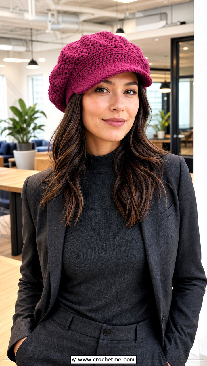 Slouchy Beret Crochet Police Hat With Monochrome Workwear - 30 crochet police hat outfit ideas