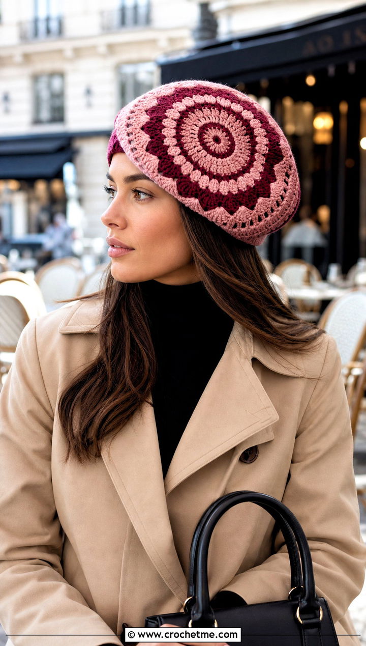 Slouchy Beret Mandala Crochet Beanie With Trench Coat - 20 Mandala Crochet Beanie outfit ideas