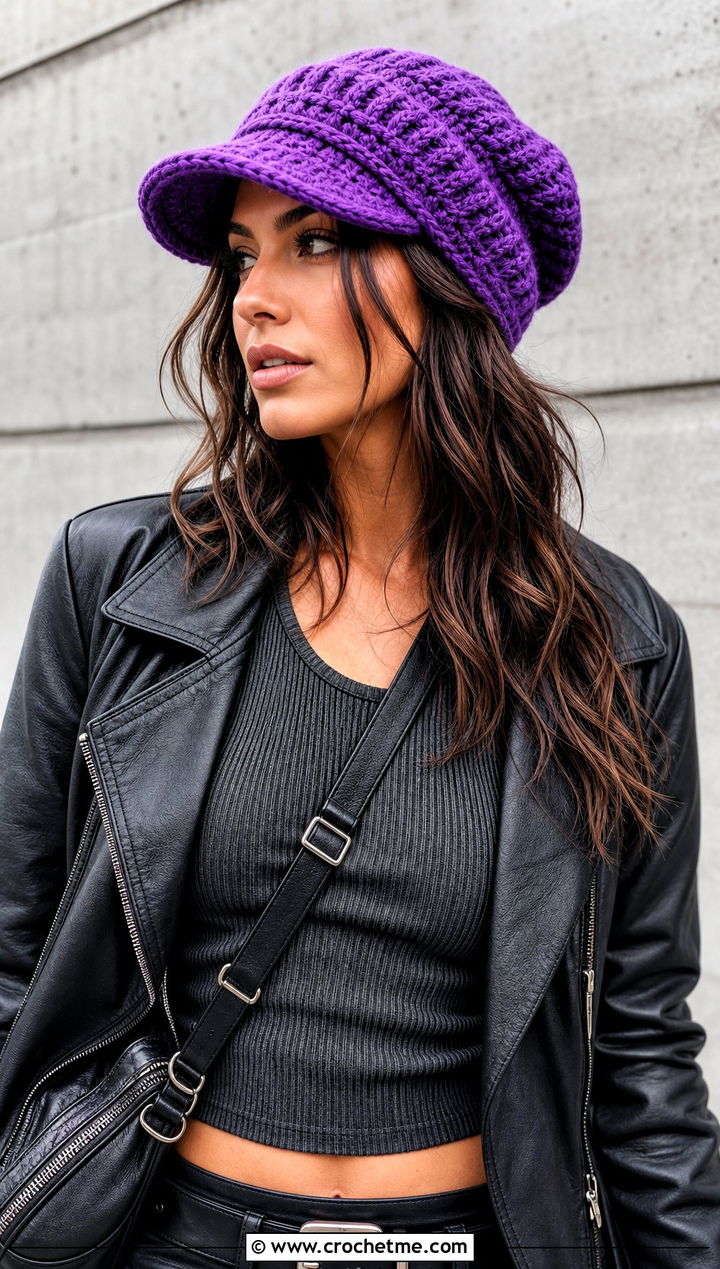 Slouchy Billed Brimmed Crochet Beanie With Leather Jacket - 15 Brimmed Crochet Beanie outfit ideas