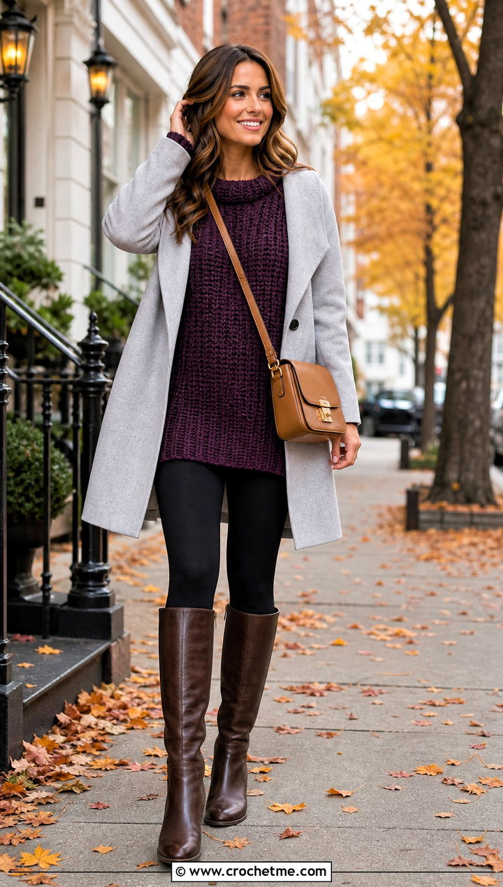 Slouchy Boatneck Crochet Sweater With Leggings And Riding Boots - 25 Boatneck Crochet Sweater outfit ideas