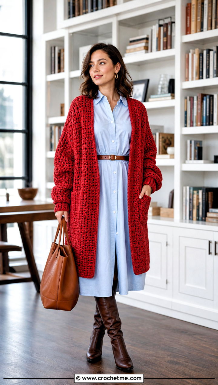 Slouchy Boyfriend Thick Yarn Crochet Cardigan With Shirt Dress - 25 Thick Yarn Crochet Cardigan outfit ideas