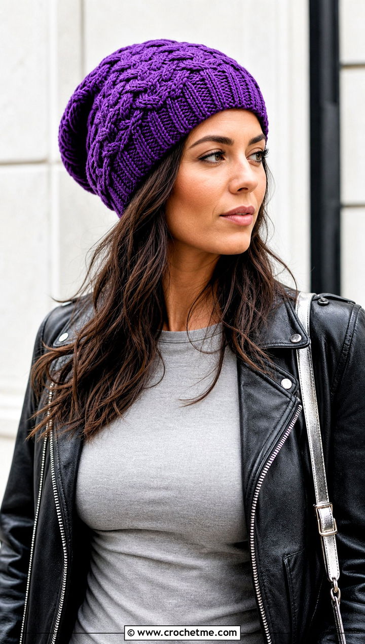 Slouchy Braided Crochet Beanie With Leather Jacket - 15 Braided Crochet Beanie outfit ideas