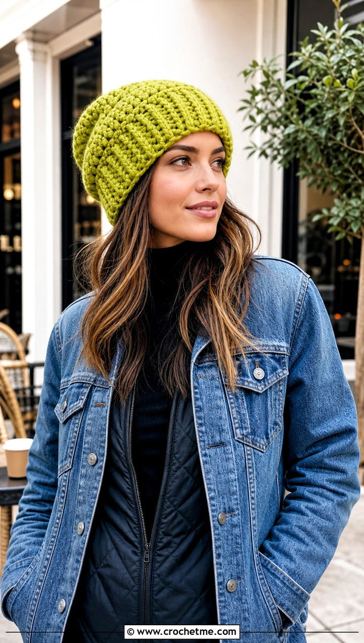 Slouchy Bulky Crochet Beanie With Denim Jacket - 30 bulky crochet beanie outfit ideas