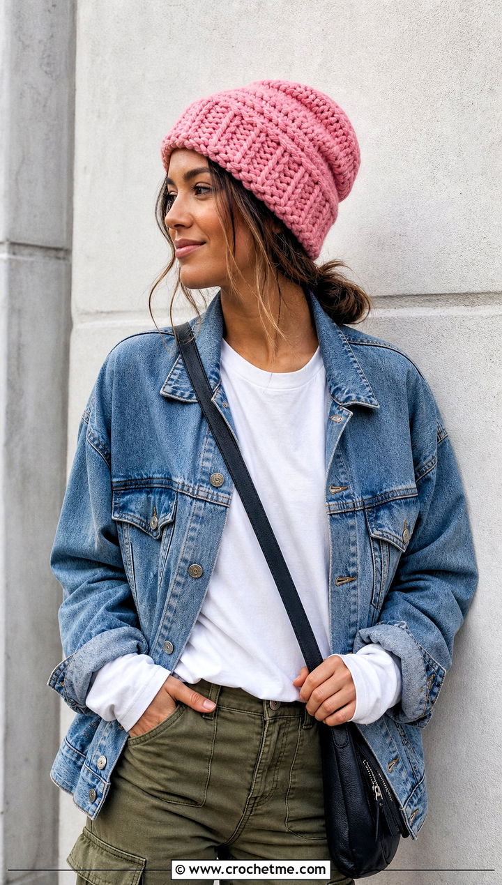 Slouchy Bulky Yarn Crochet Beanie With Denim Jacket - 30 bulky yarn crochet beanie outfit ideas