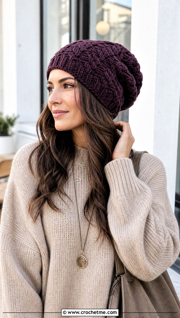 Slouchy Cable Crochet Beanie With Oversized Sweater - 15 cabled crochet beanie design outfit ideas