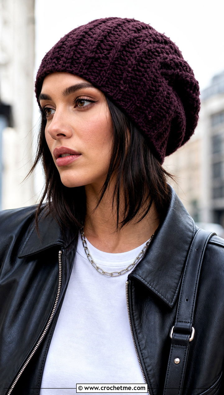 Slouchy Cable Crochet Hat With Leather Jacket - 25 Cable Crochet Hat outfit ideas