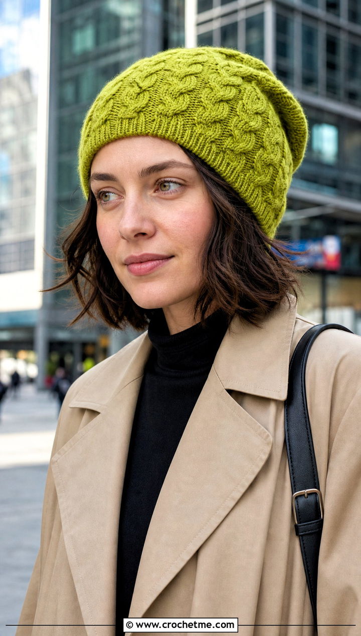 Slouchy Cable Stitch Hat With Trench Coat - 25 Crochet Cable Stitch Hat outfit ideas