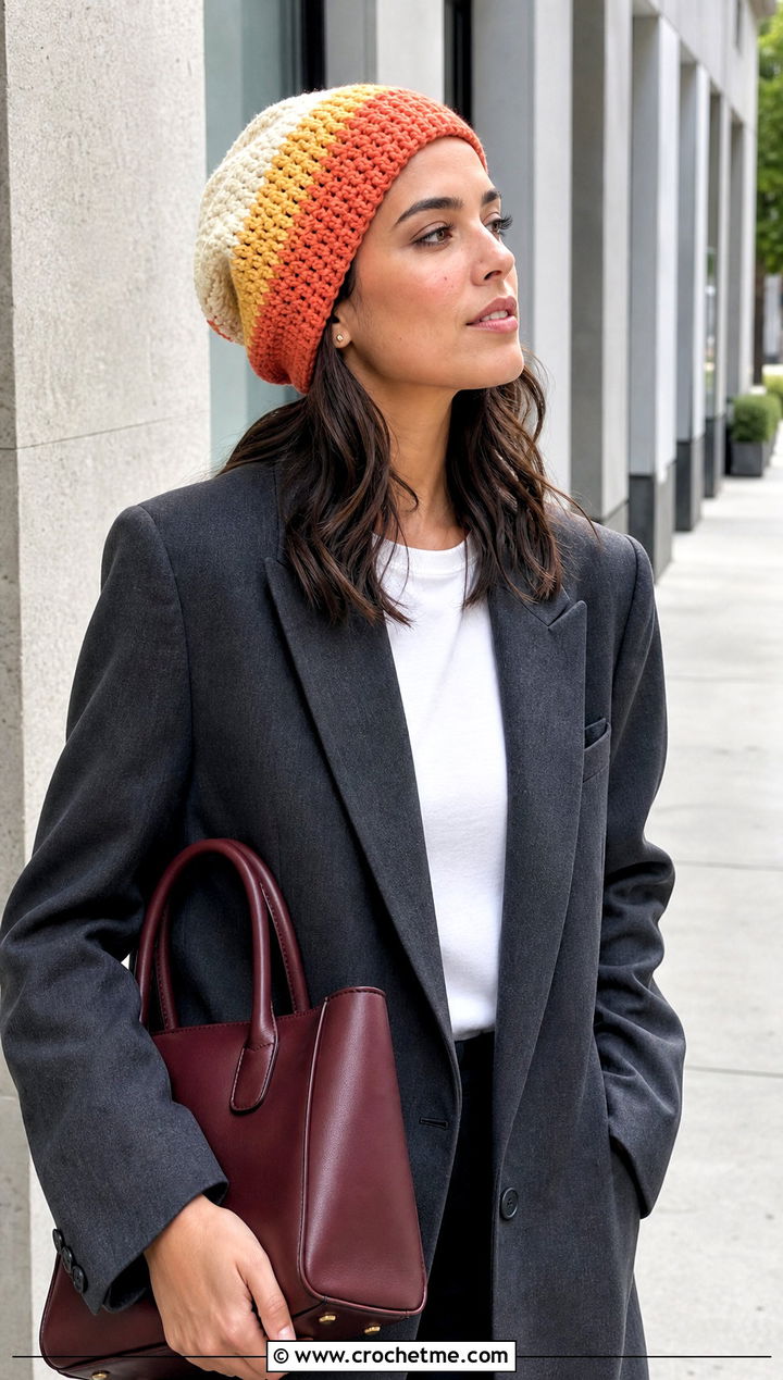 Slouchy Candy Corn Crochet Beanie With Oversized Blazer - 15 candy corn crochet beanie outfit ideas