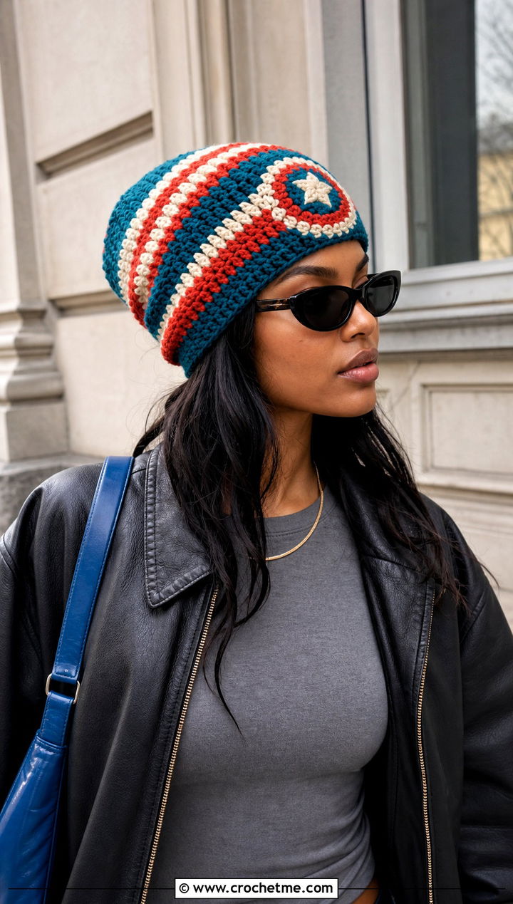 Slouchy Captain America Crochet Beanie With Leather Jacket - 15 Captain America Crochet Beanie outfit ideas