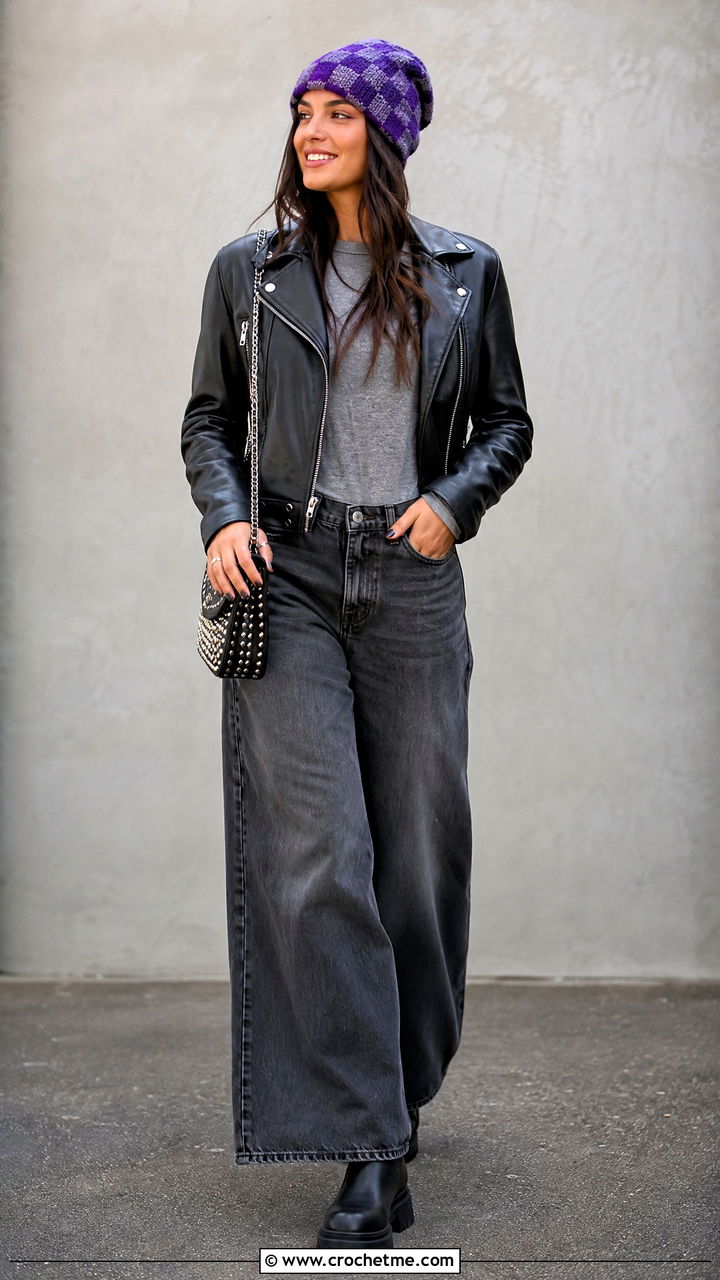 Slouchy Checkered Beanie With Leather Jacket - 35 crochet checkered beanie outfit ideas