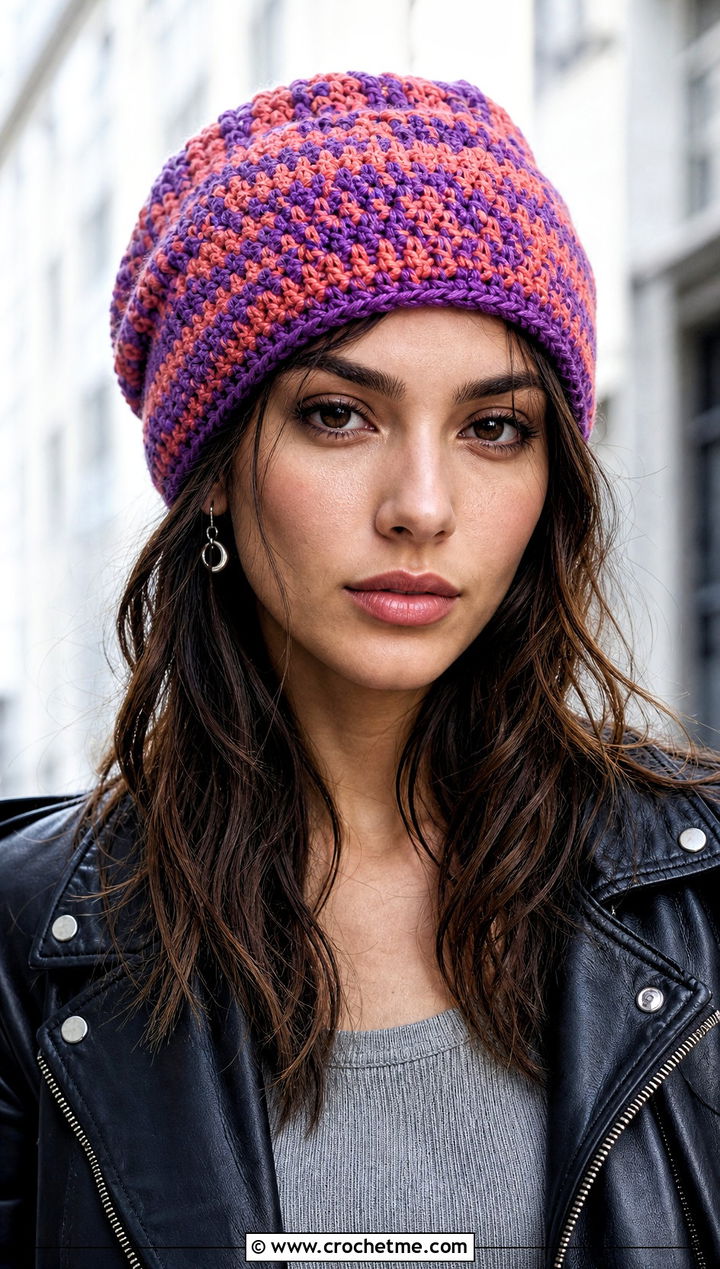 Slouchy Checkered Crochet Beanie With Leather Jacket - 15 Checkered Crochet Hat outfit ideas