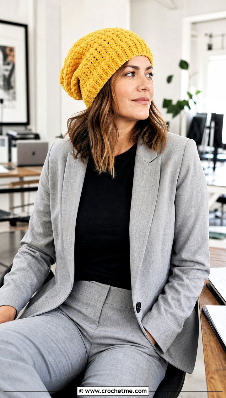 Slouchy Chenille Beanie With Blazer And Trousers - 30 crochet chenille hat outfit ideas
