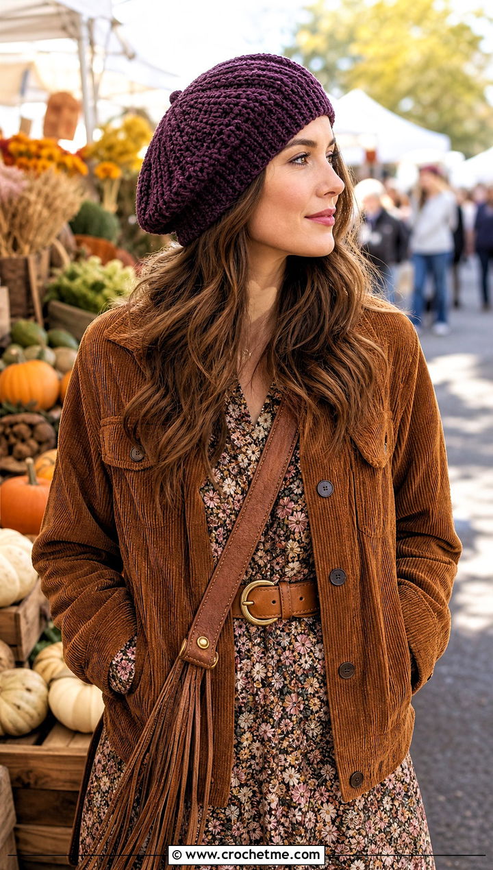 Slouchy Chenille Beret With Boho Layers - 30 crochet chenille hat outfit ideas