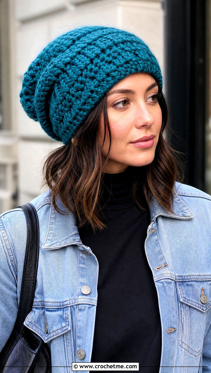 Slouchy Chunky Beanie With Denim Jacket - 35 crochet chunky beanie outfit ideas