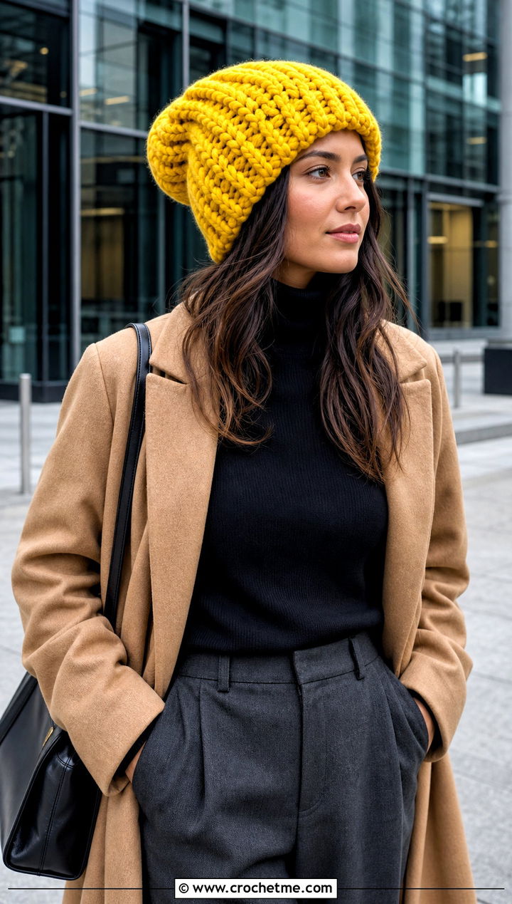 Slouchy Chunky Beanie With Wool Coat And Straight Leg Trousers - 15 Crochet Beanie With Super Bulky Yarn outfit ideas