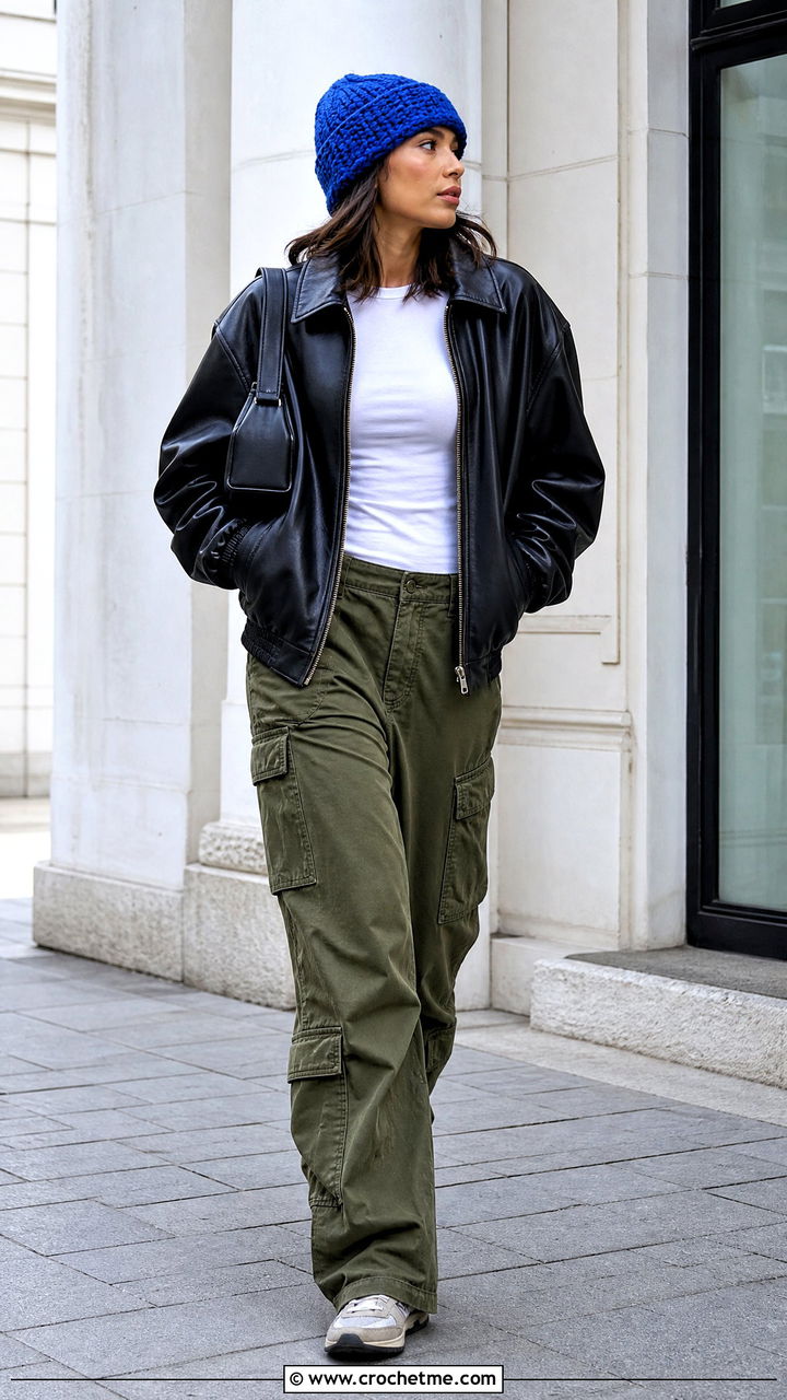 Slouchy Chunky Crochet Beanie With Leather Bomber And Cargo Pants - 35 chunky crochet beanie outfit ideas
