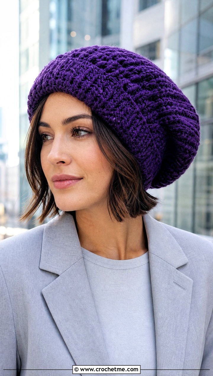 Slouchy Chunky Crochet Hat With Blazer And Trousers - 15 Simple Chunky Crochet Hat outfit ideas