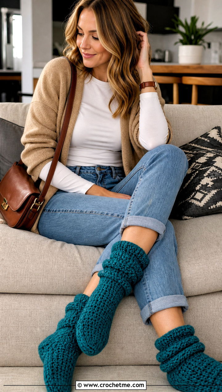 Slouchy Chunky Crochet Slipper Socks With Jeans - 15 chunky crochet slipper socks outfit ideas