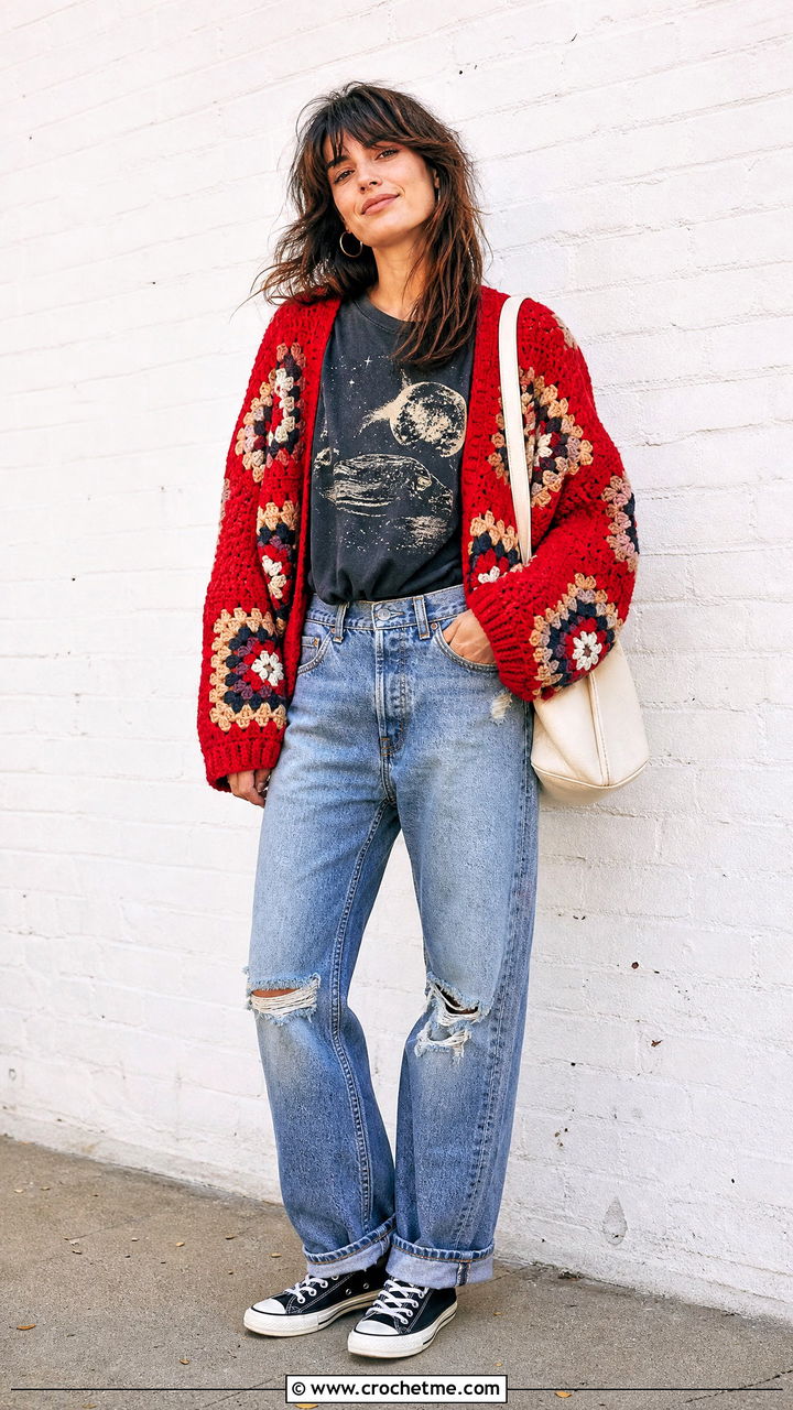 Slouchy Chunky Granny Square Cardigan With Graphic Tee - 35 Chunky Granny Square Cardigan outfit ideas
