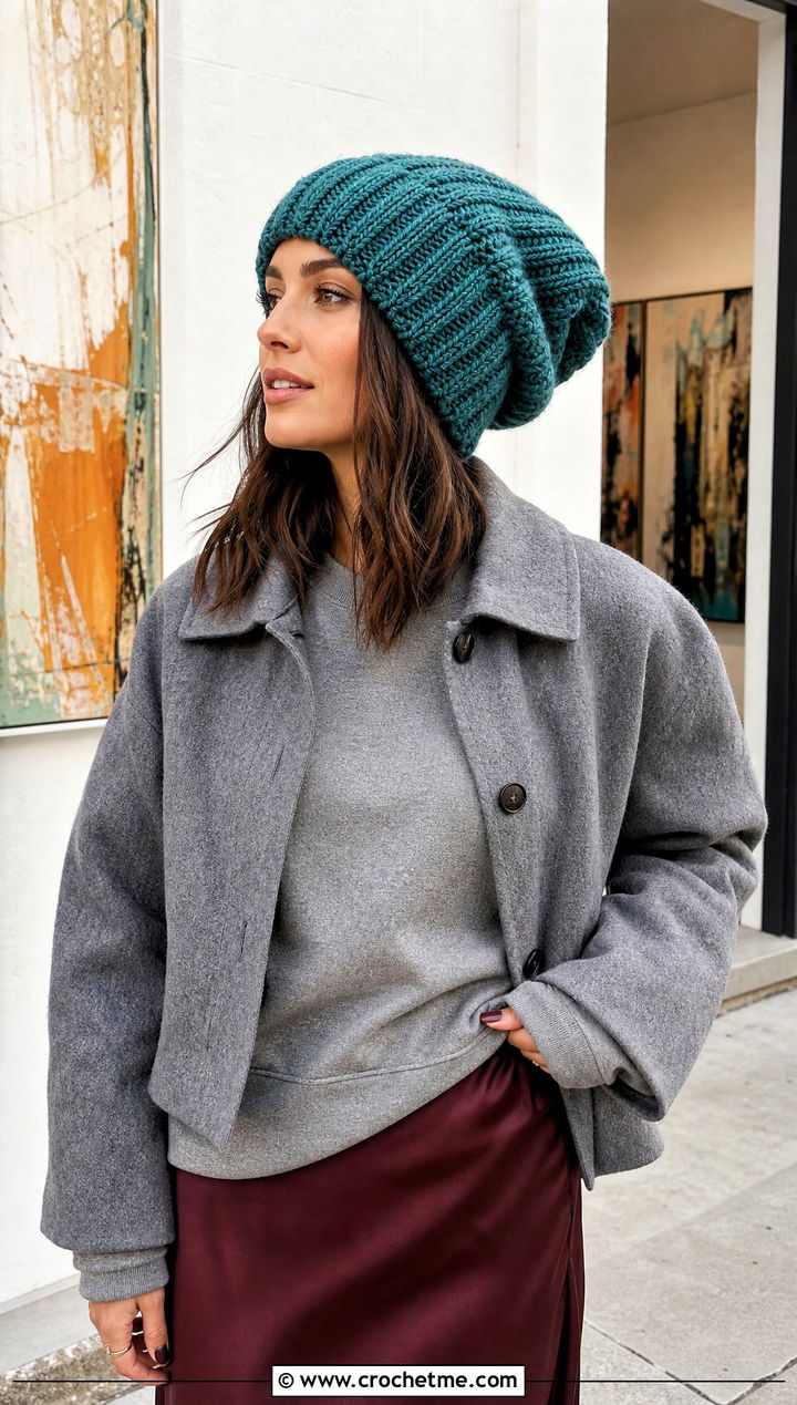 Slouchy Chunky Ribbed Crochet Beanie With Satin Skirt - 25 Chunky Ribbed Crochet Hat outfit ideas