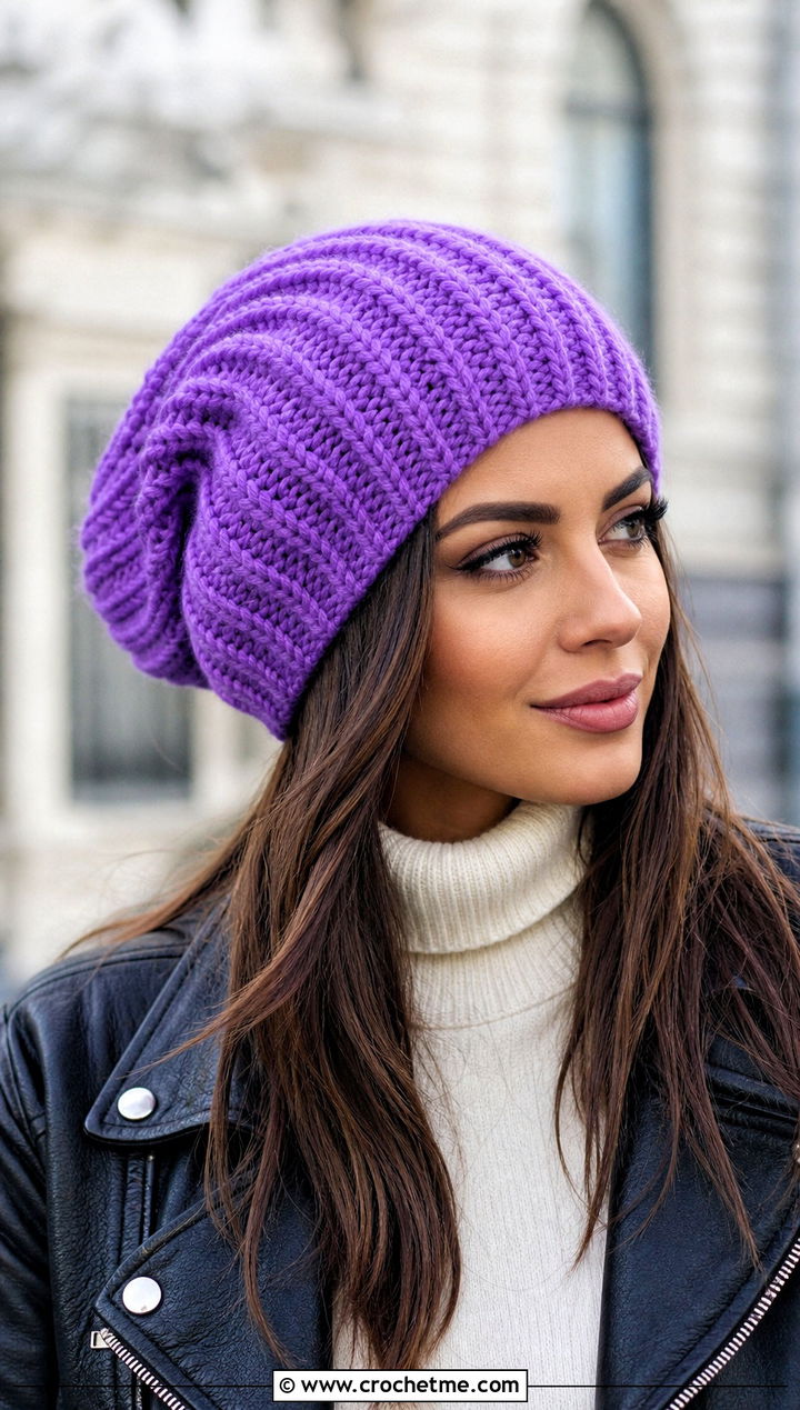Slouchy Chunky Ribbed Crochet Hat With Leather Jacket - 25 Chunky Ribbed Crochet Hat outfit ideas