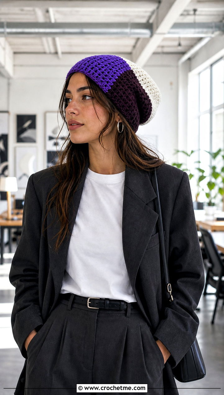 Slouchy Color Block Crochet Beanie With Oversized Blazer - 20 Color Block Crochet Beanie outfit ideas