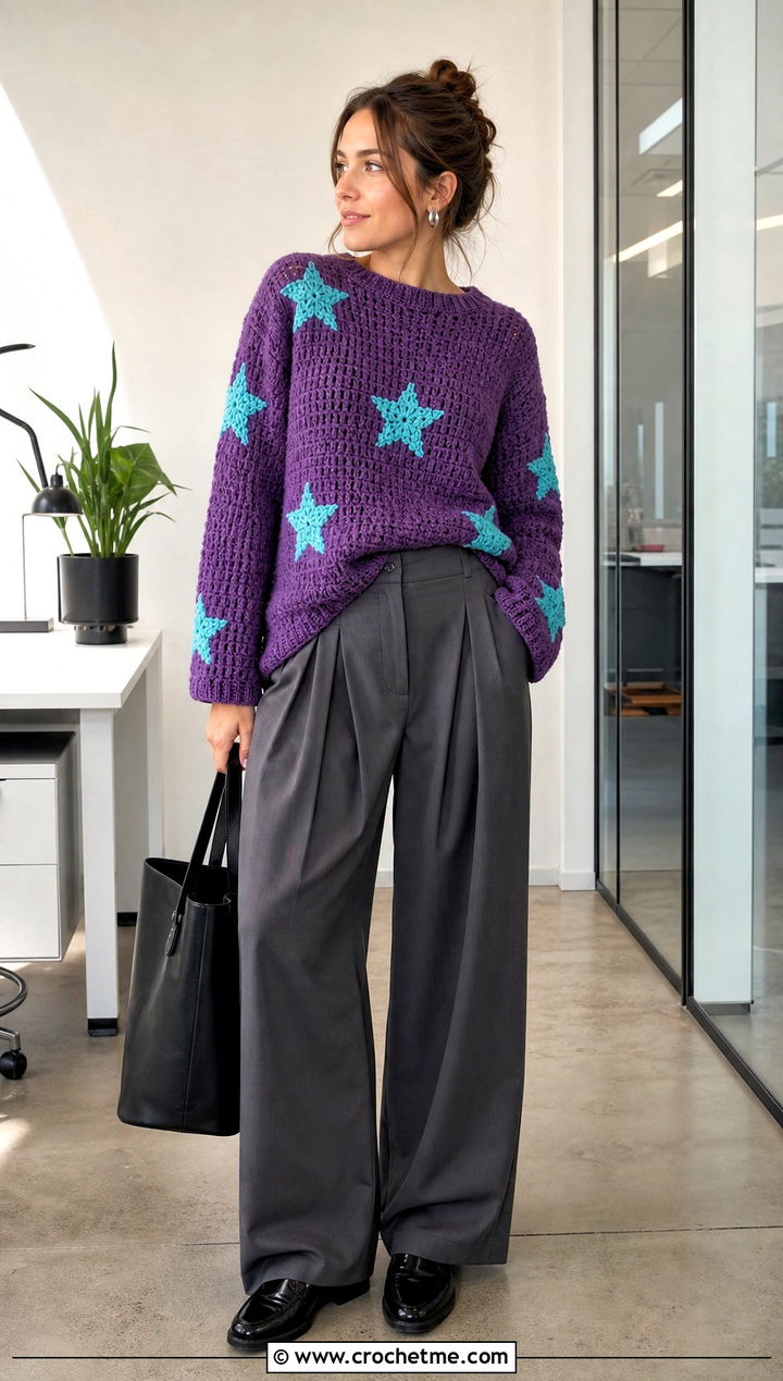 Slouchy Coraline Star Crochet Sweater With Pleated Trousers - 25 coraline crochet sweater outfit ideas