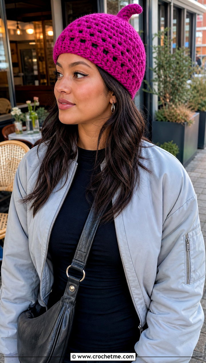 Slouchy Crochet Acorn Hat With Wide Leg Jeans - 30 crochet acorn hat outfit ideas