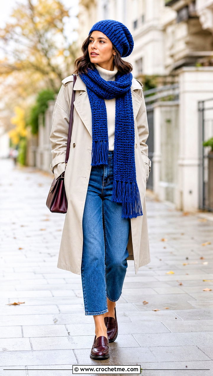 Slouchy Crochet Beanie And Fringed Scarf With Trench Coat - 35 crochet hat and scarf set outfit ideas