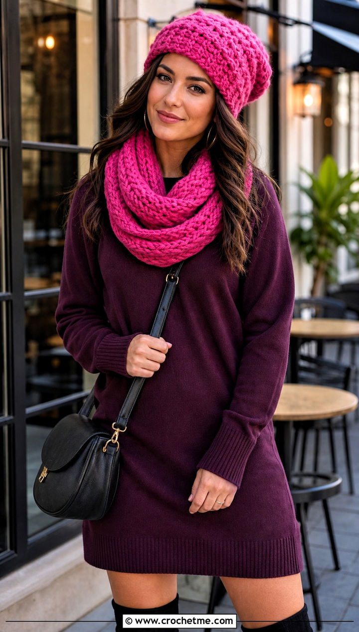 Slouchy Crochet Beanie And Infinity Scarf With Sweater Dress - 25 crochet hat scarf outfit ideas