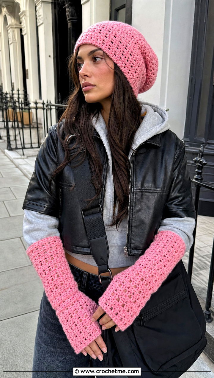 Slouchy Crochet Beanie And Long Arm Warmers With Leather Jacket - 15 Crochet Hat And Gloves outfit ideas